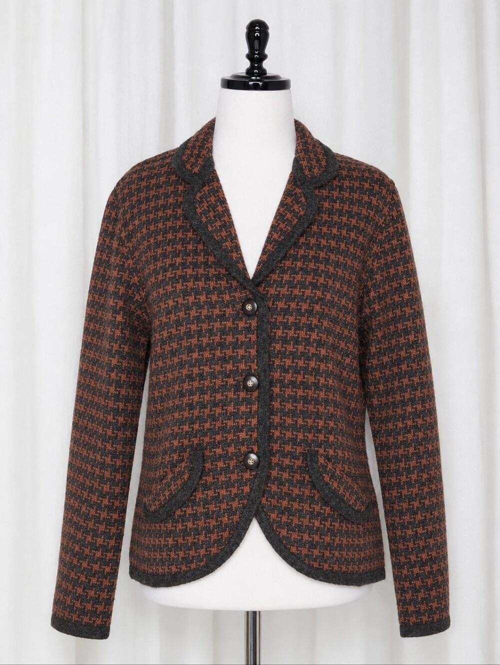 David Brooks Vintage Pumpkin Brown Houndstooth Lambswool Knit Sweater Blazer - Picture 3 of 15